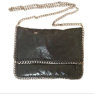Vintage Black Fold Over Crossbody Bag w/ Silver Chain Trim